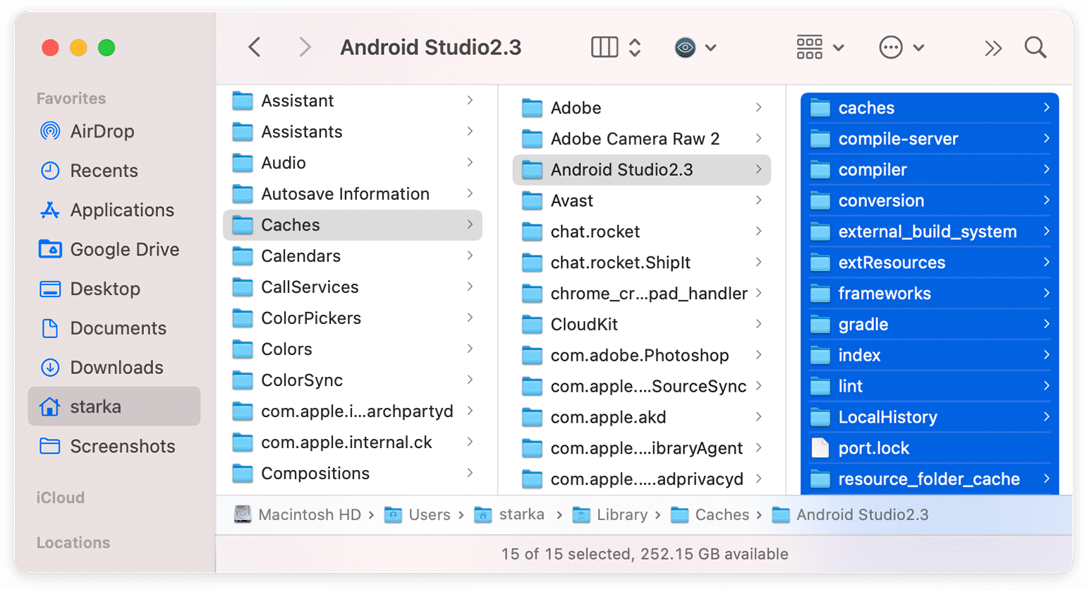 Library folder with the Android Studio cache files highlighted