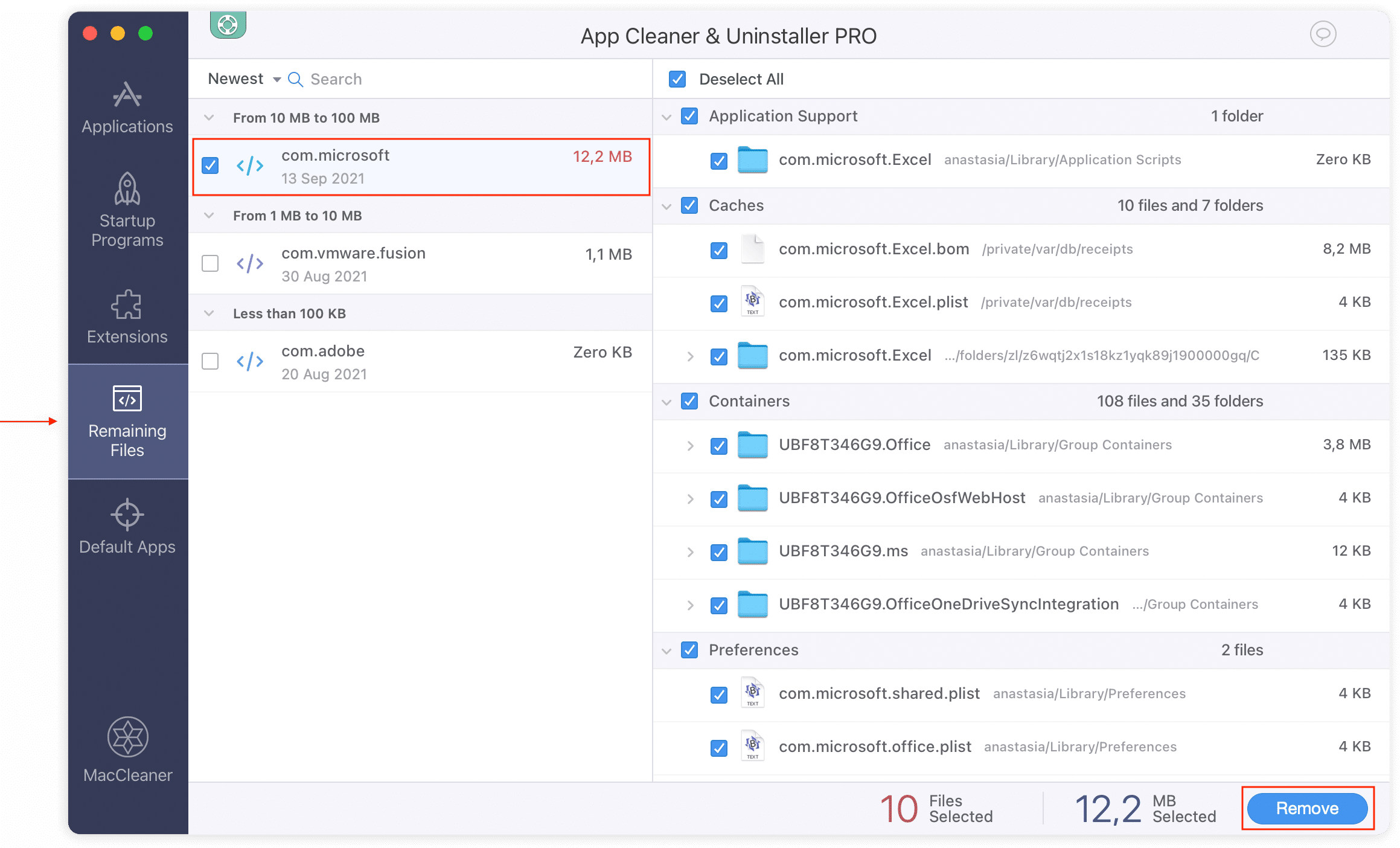 App Cleaner & Uninstaller showing remaining files tab