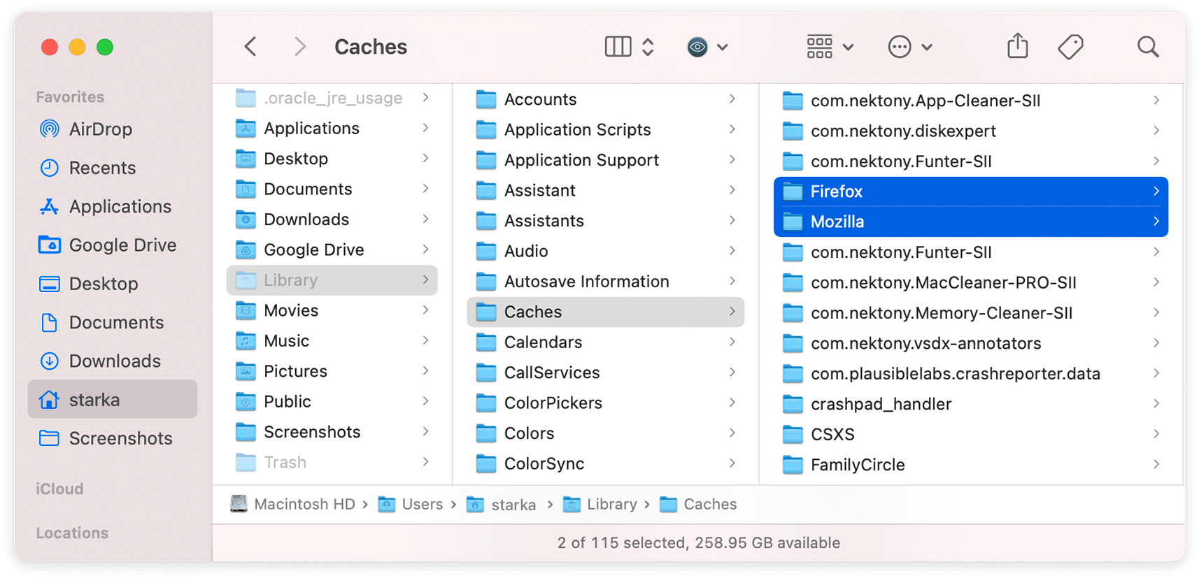 Finder window showing Firefox caches in the Library folder