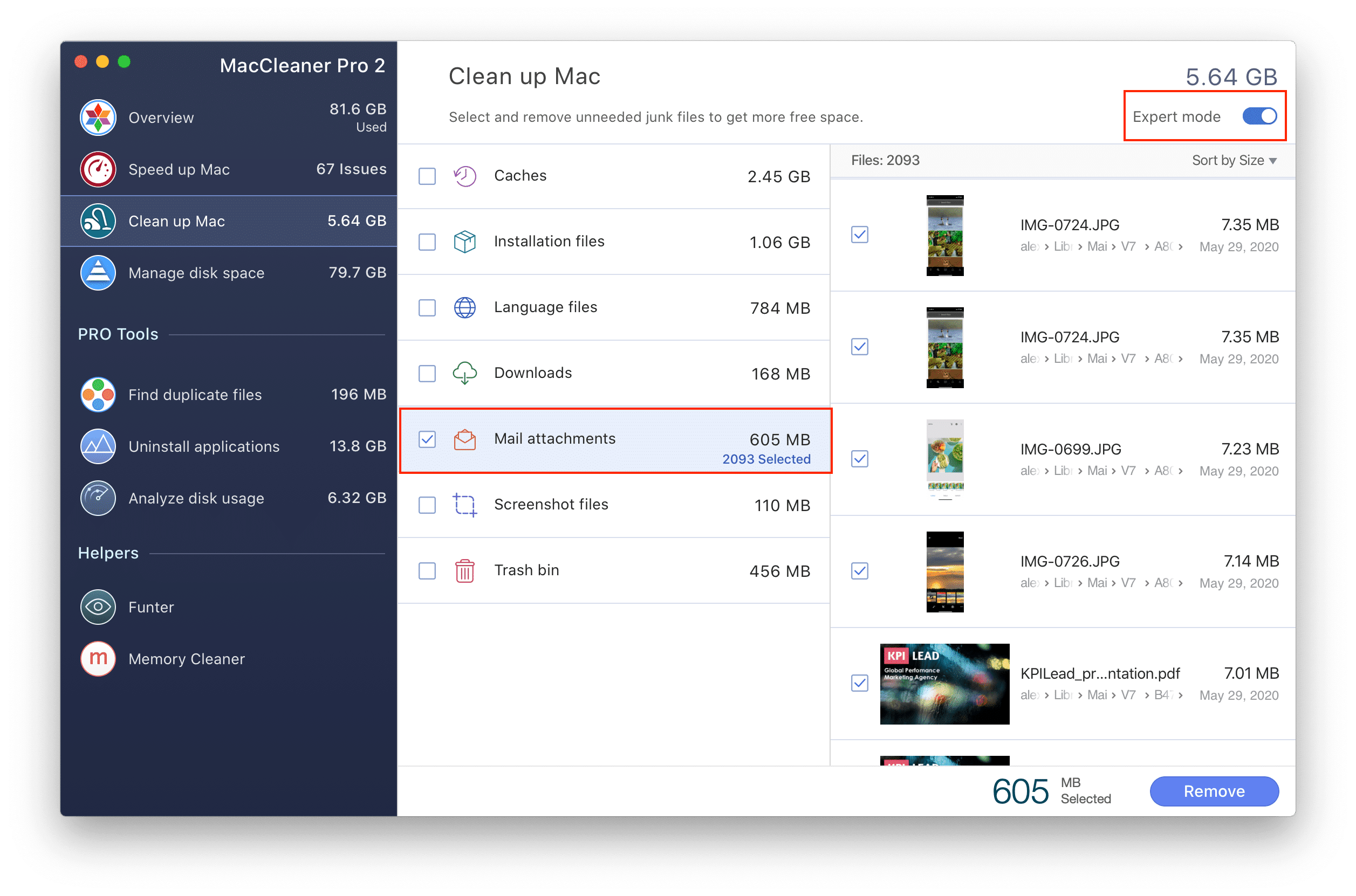 Remove Mail attachments with MacCleaner Pro application MacCleaner Pro window with Expert mode enabled and Mail attachments tab ticked
