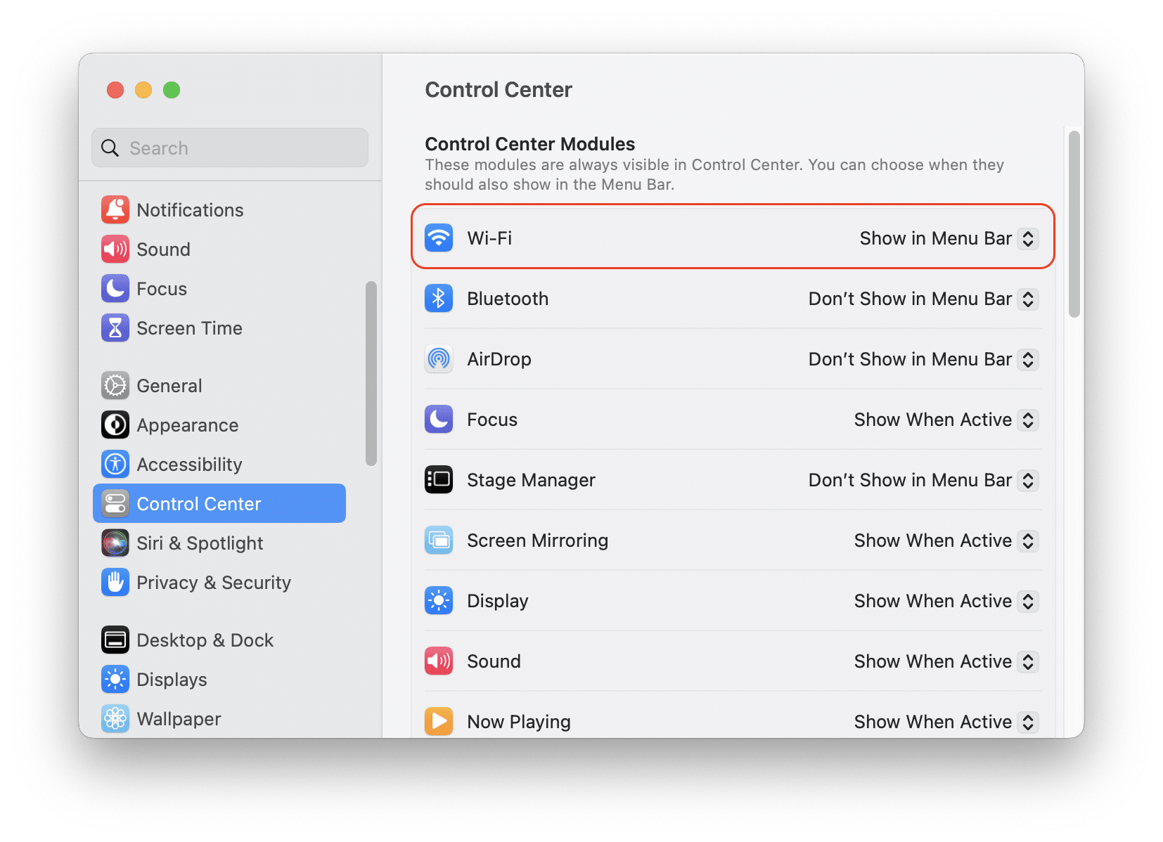 System settings window showing how to enable displaying Wi-Fi status in menu bar