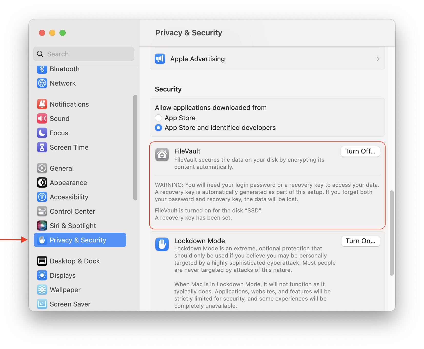 FileVault panel at Security & Privacy preferences window