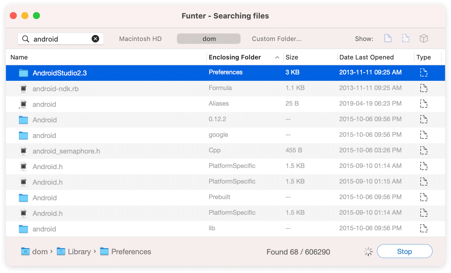 Funter window showing Android Studio hidden files