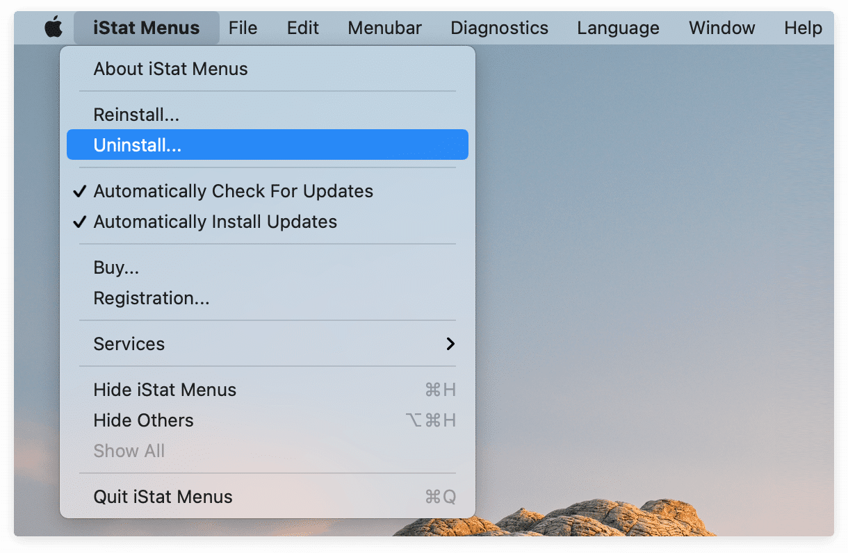 iStat Menus menu showing the Uninstall option