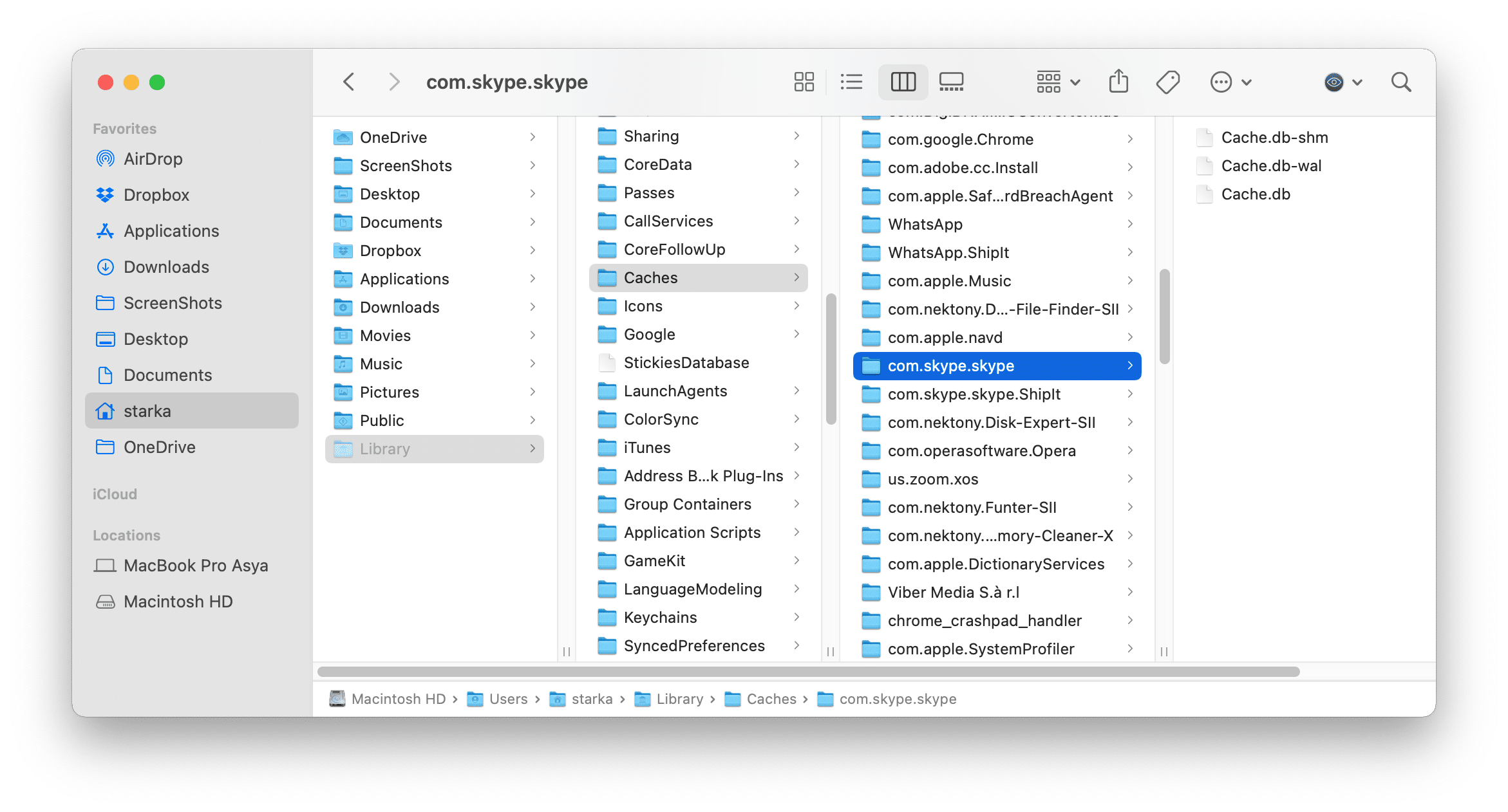 Finder window showing the Caches folder