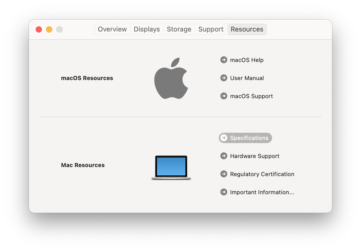 About This Mac window - Resourses tab