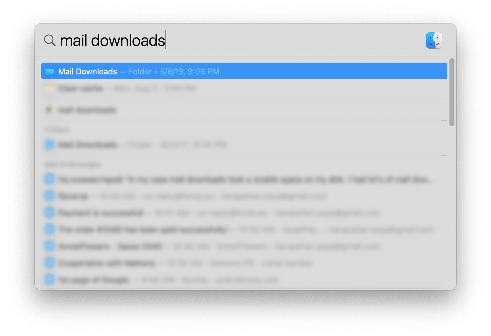Spotlight search showing the Mail Downloads folder
