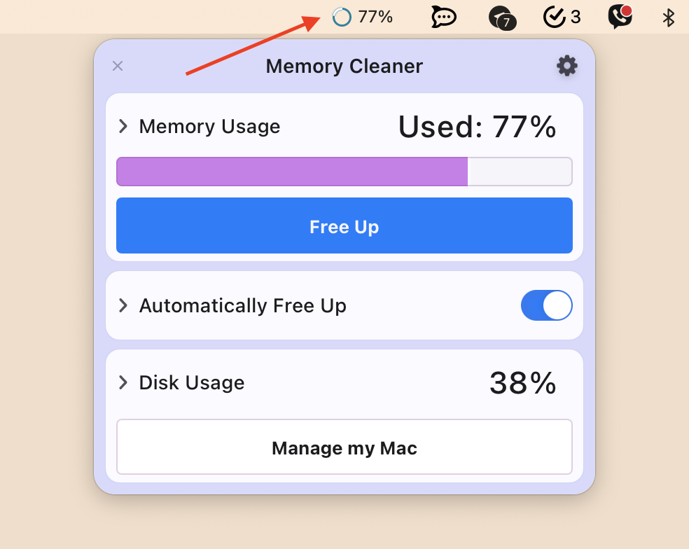 Memory Cleaner window in the menu bar