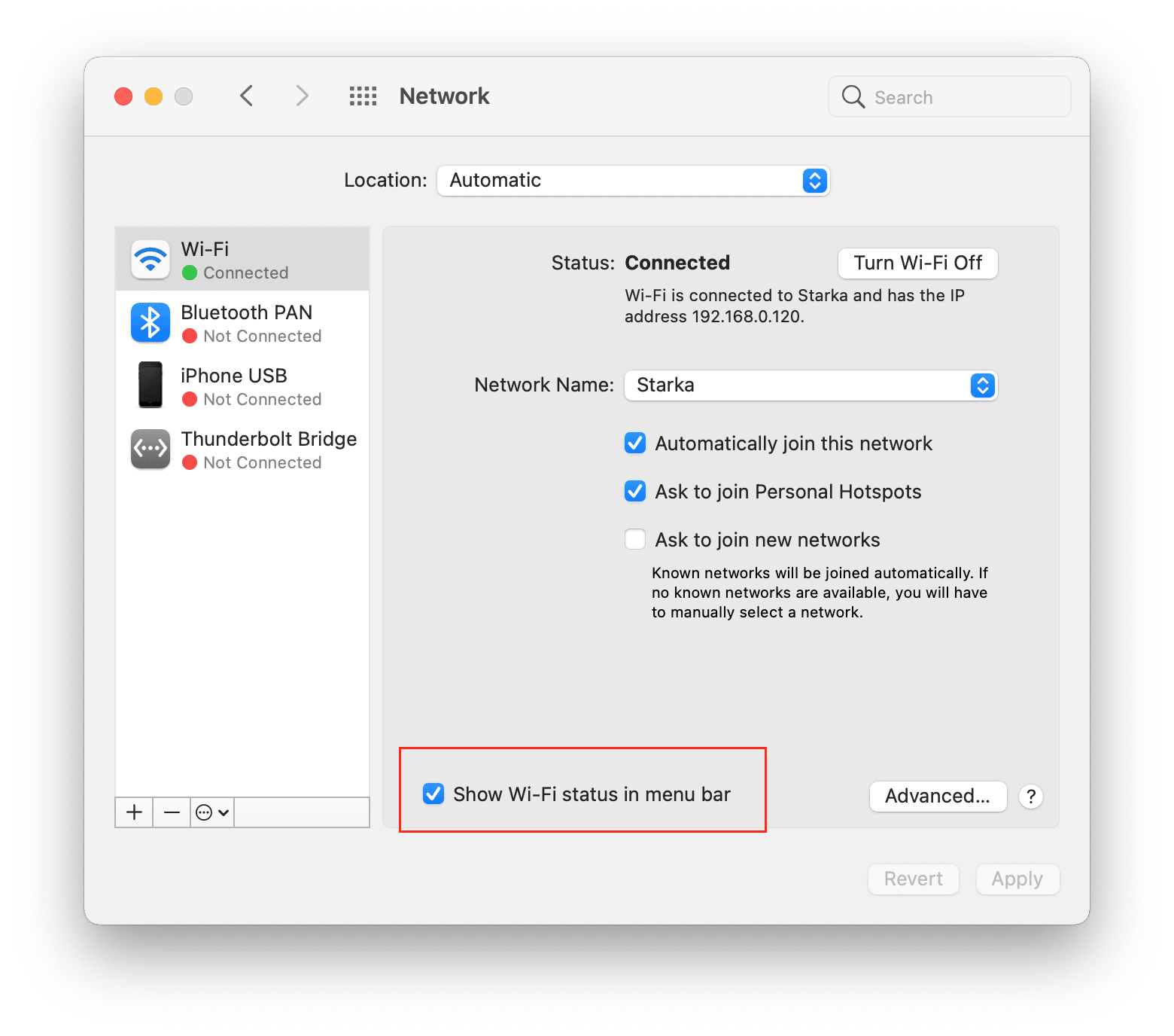 System preferences window showing how to enable displaying Wi-Fi status in menu bar