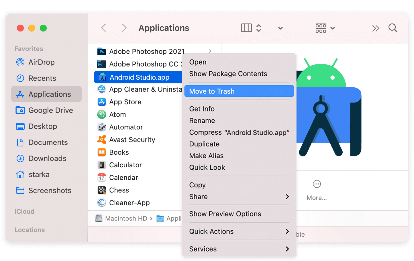 removing Android Studio from the Applications folder
