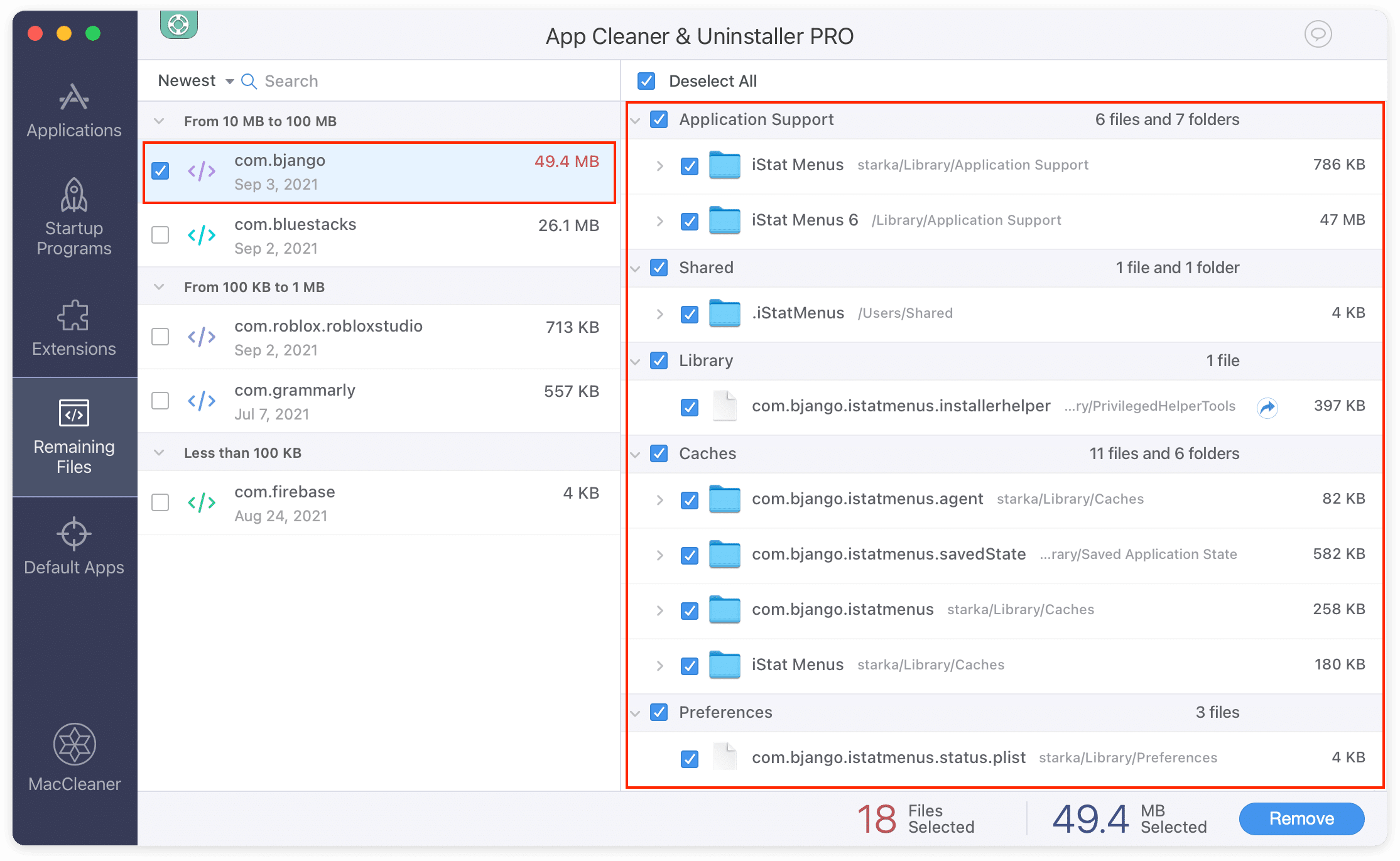 App Cleaner & Uninstaller showing iStat remaining files