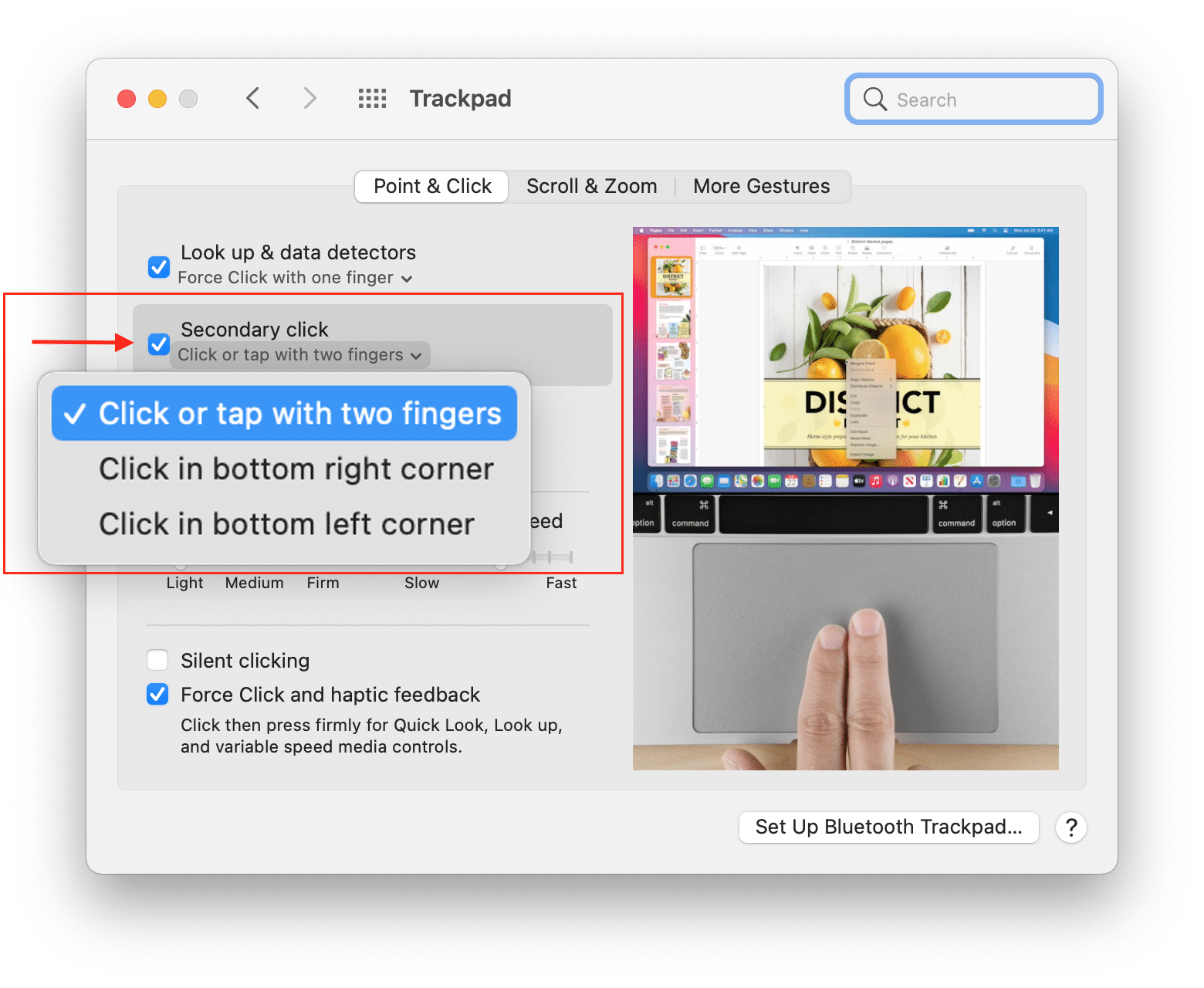 Trackpad preferences window with secondary click option highlighted