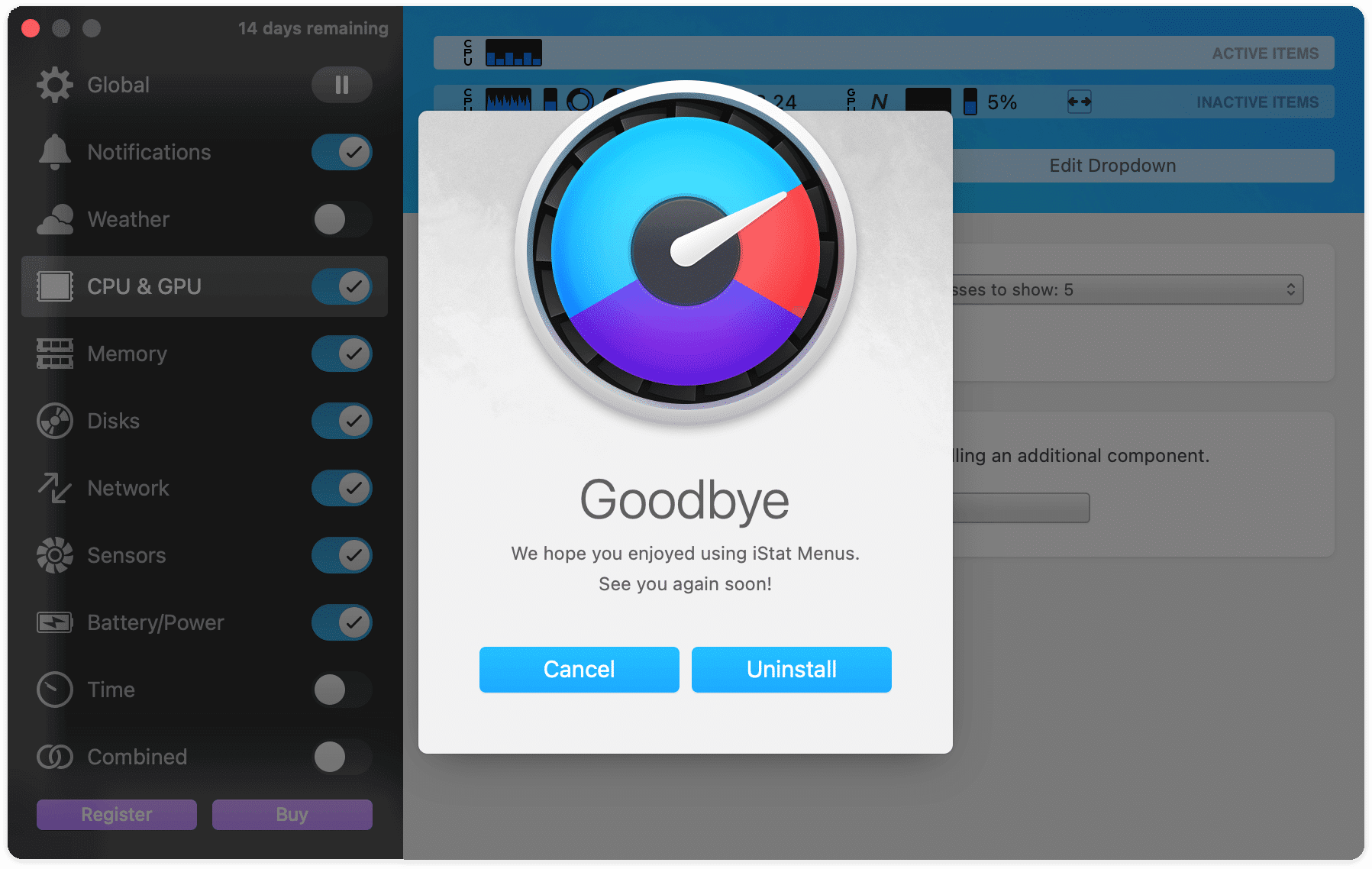 iStat Menus window showing the uninstall button