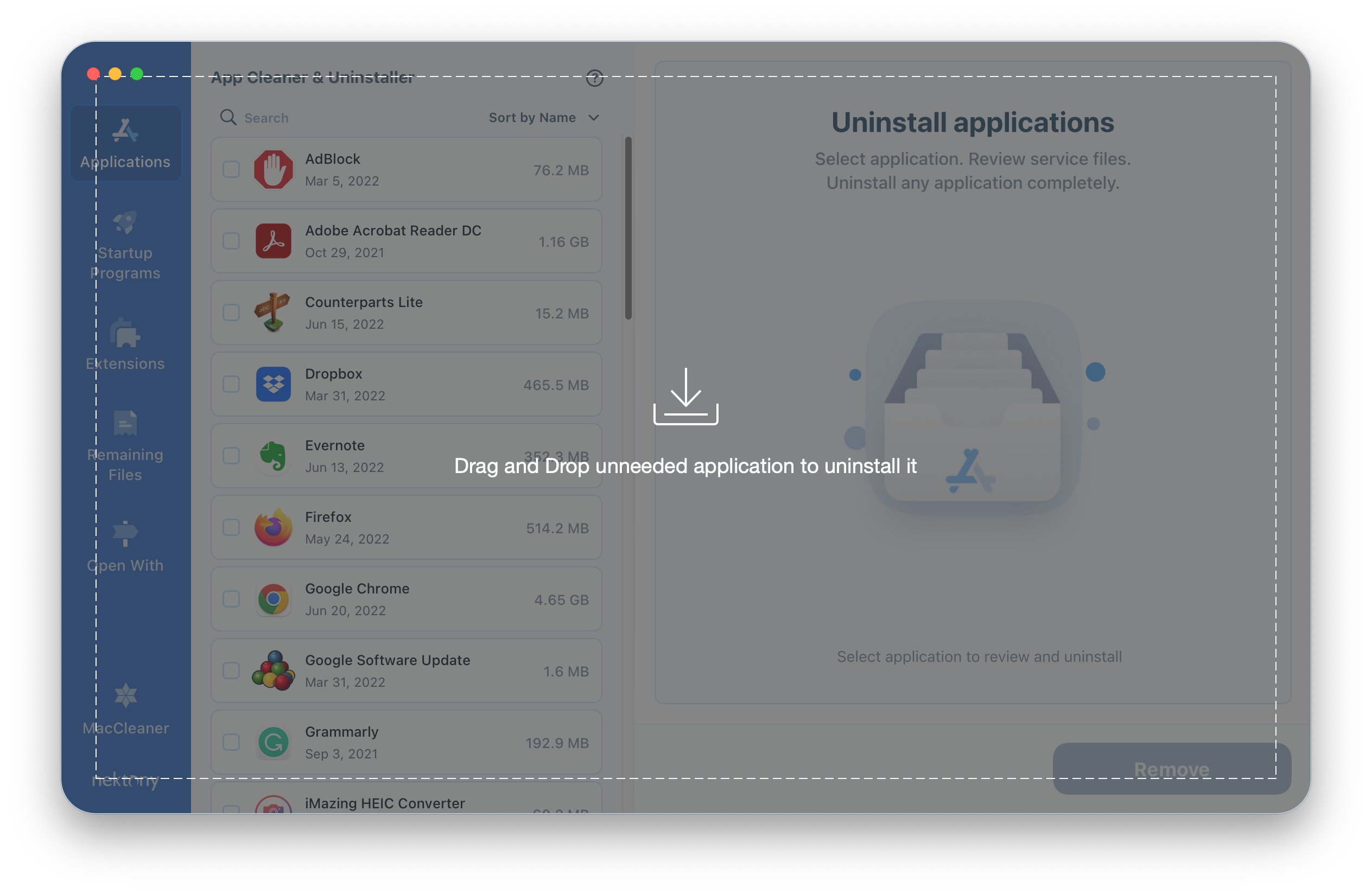 App Cleaner & Uninstaller showing Drag & Drop applications to uninstall option