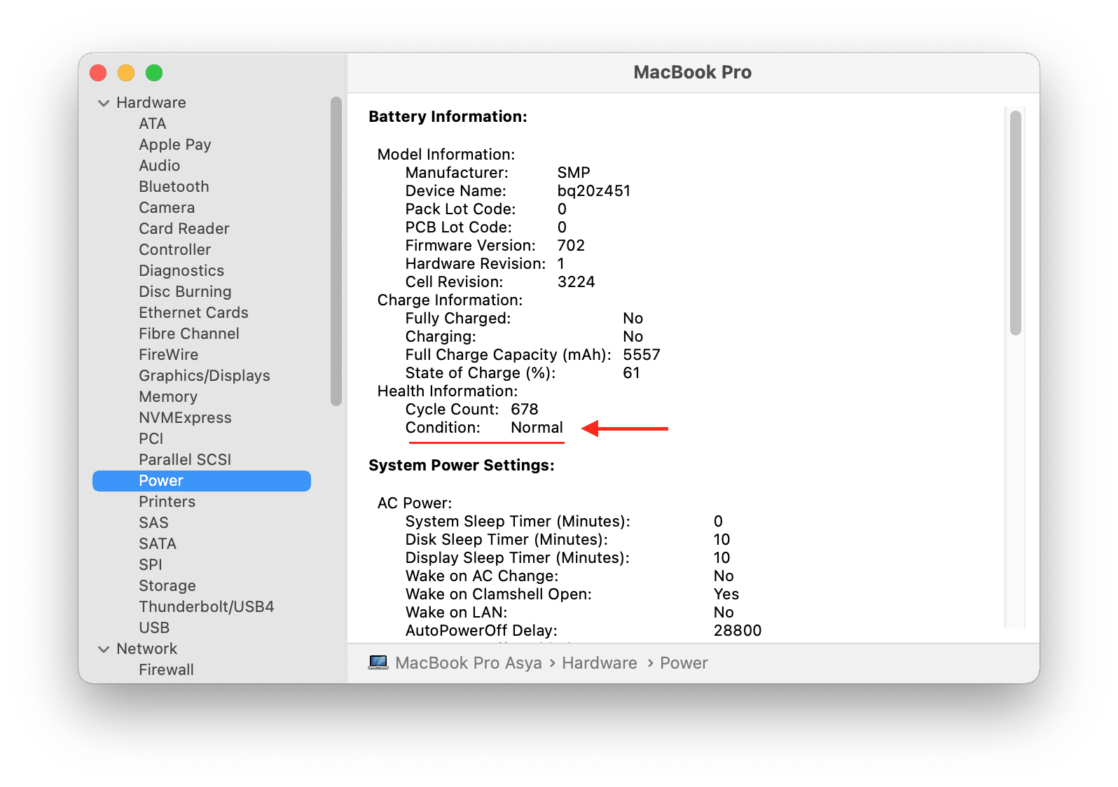 System Information window showing the Mac battery health information