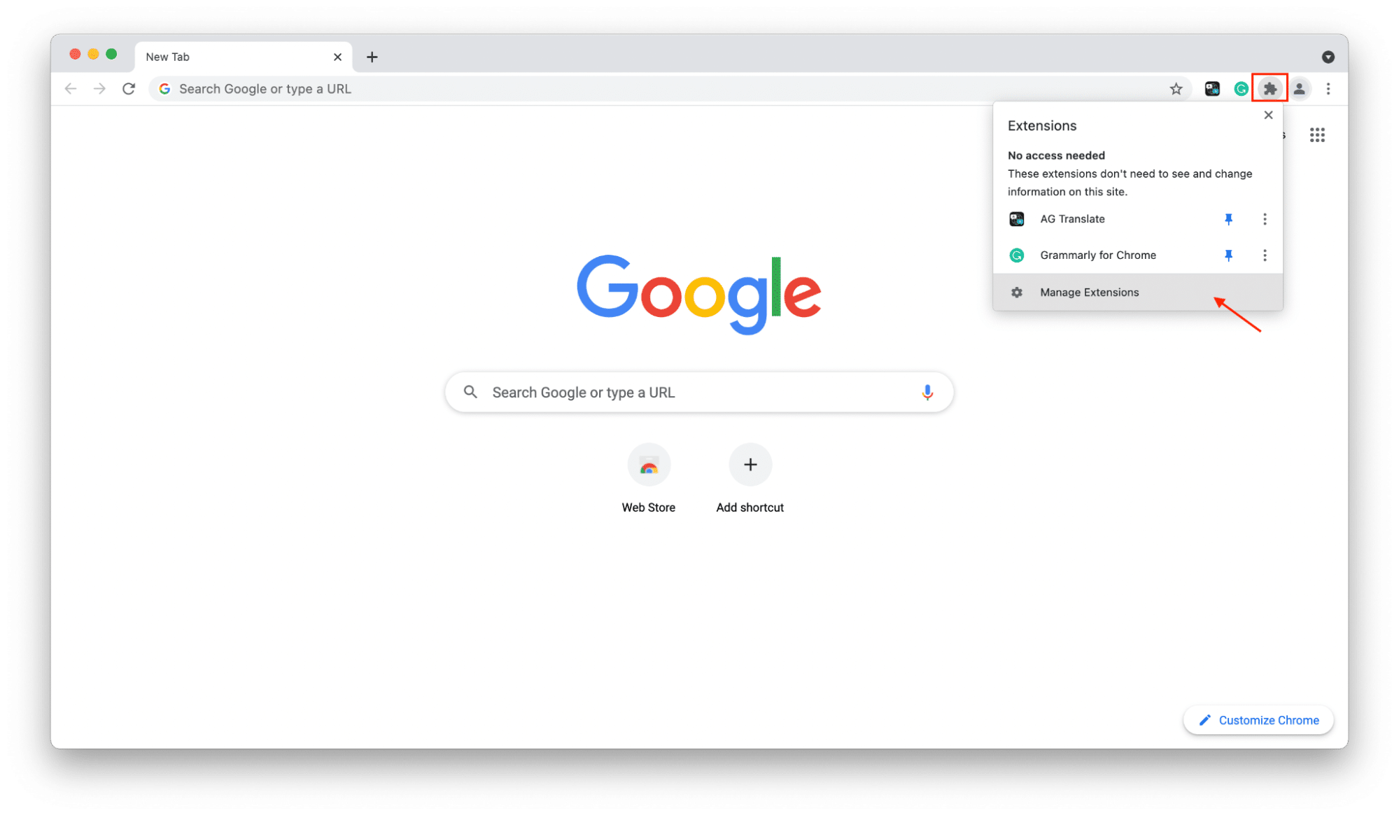 Chrome showing extensions button 