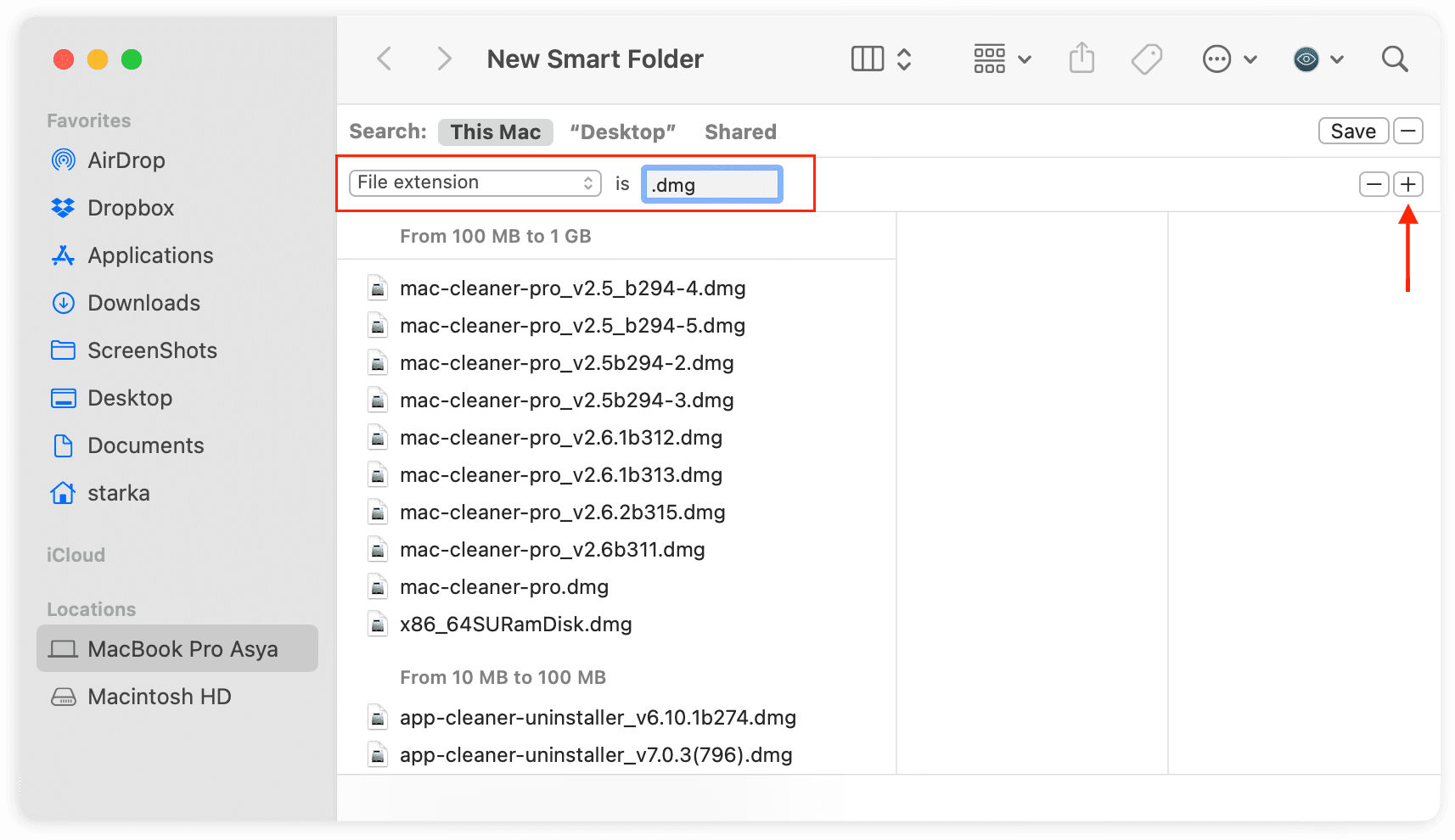 Smart Folder window showing how to search for .pkg files