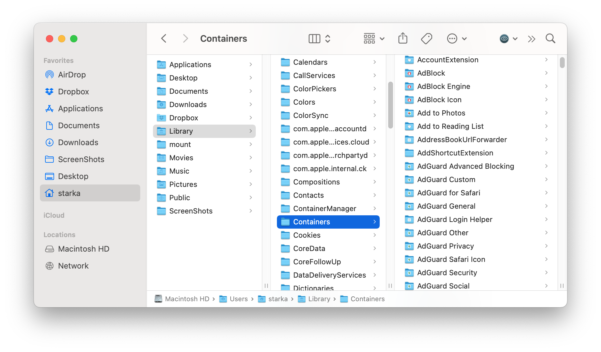 Containers folder in Finder window