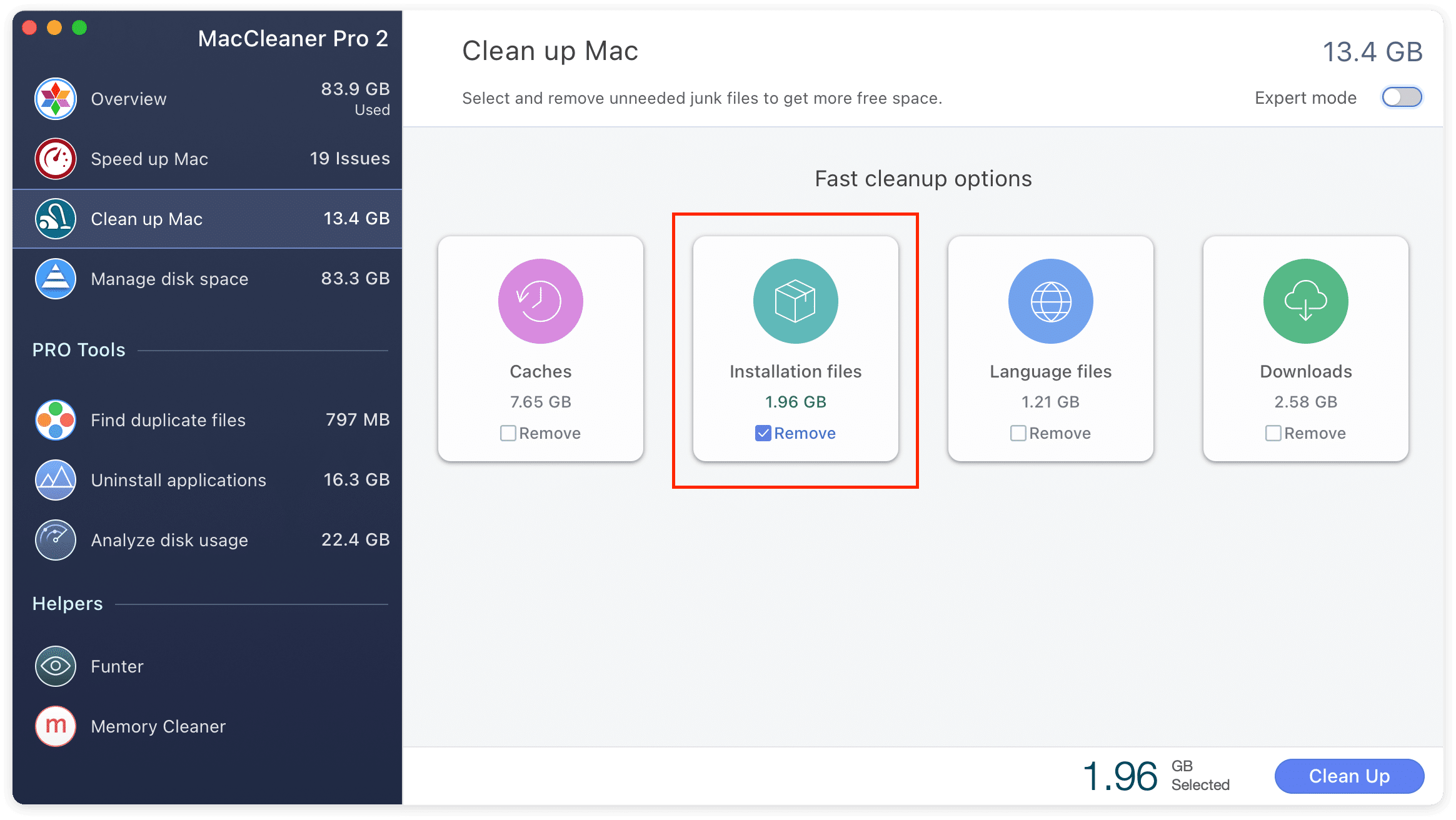 maccleaner pro window showing the option to remove installation files