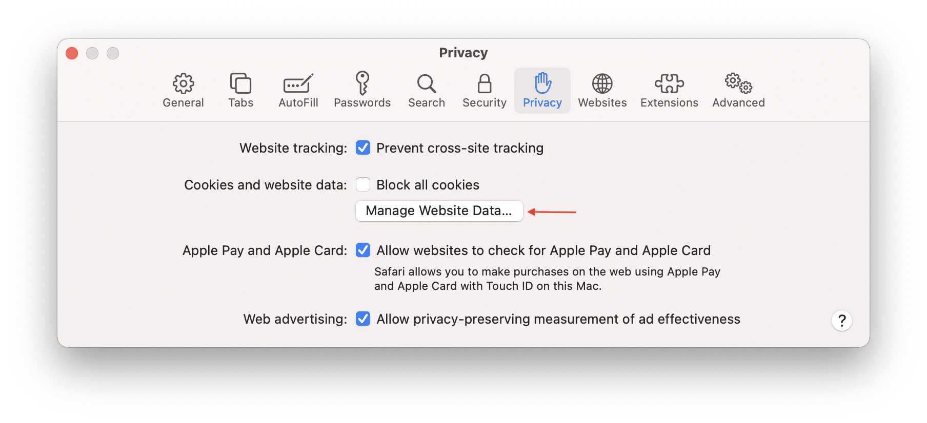 Safari preferences showing privacy tab