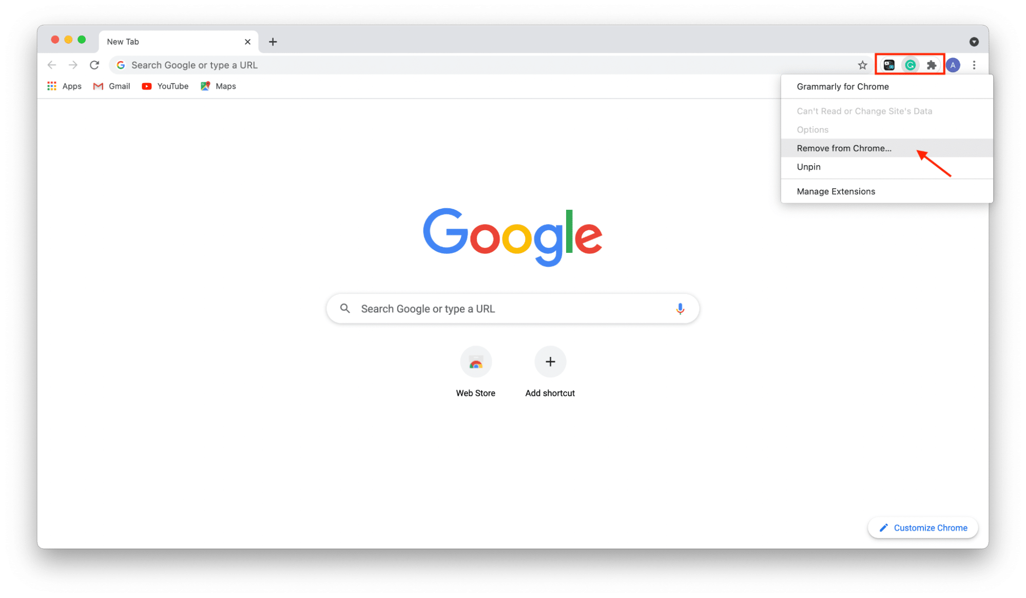 Chrome showing pinned extensions
