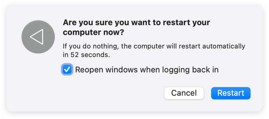 Mac restart confirmation window