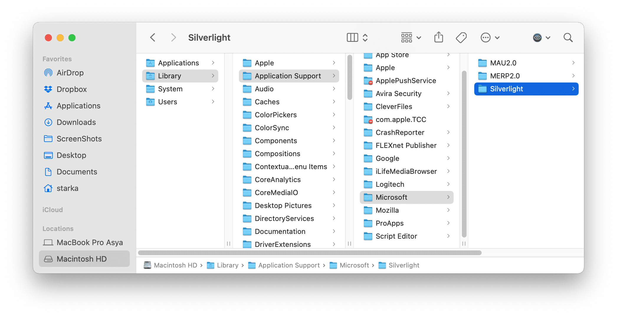 Finder showing Silverlight app support files
