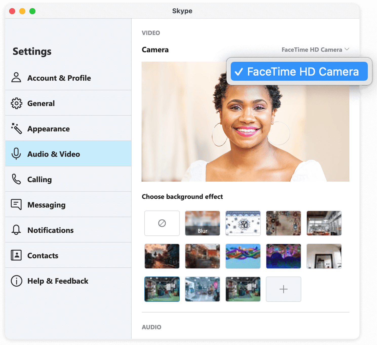 skype preferences video showing camera settings