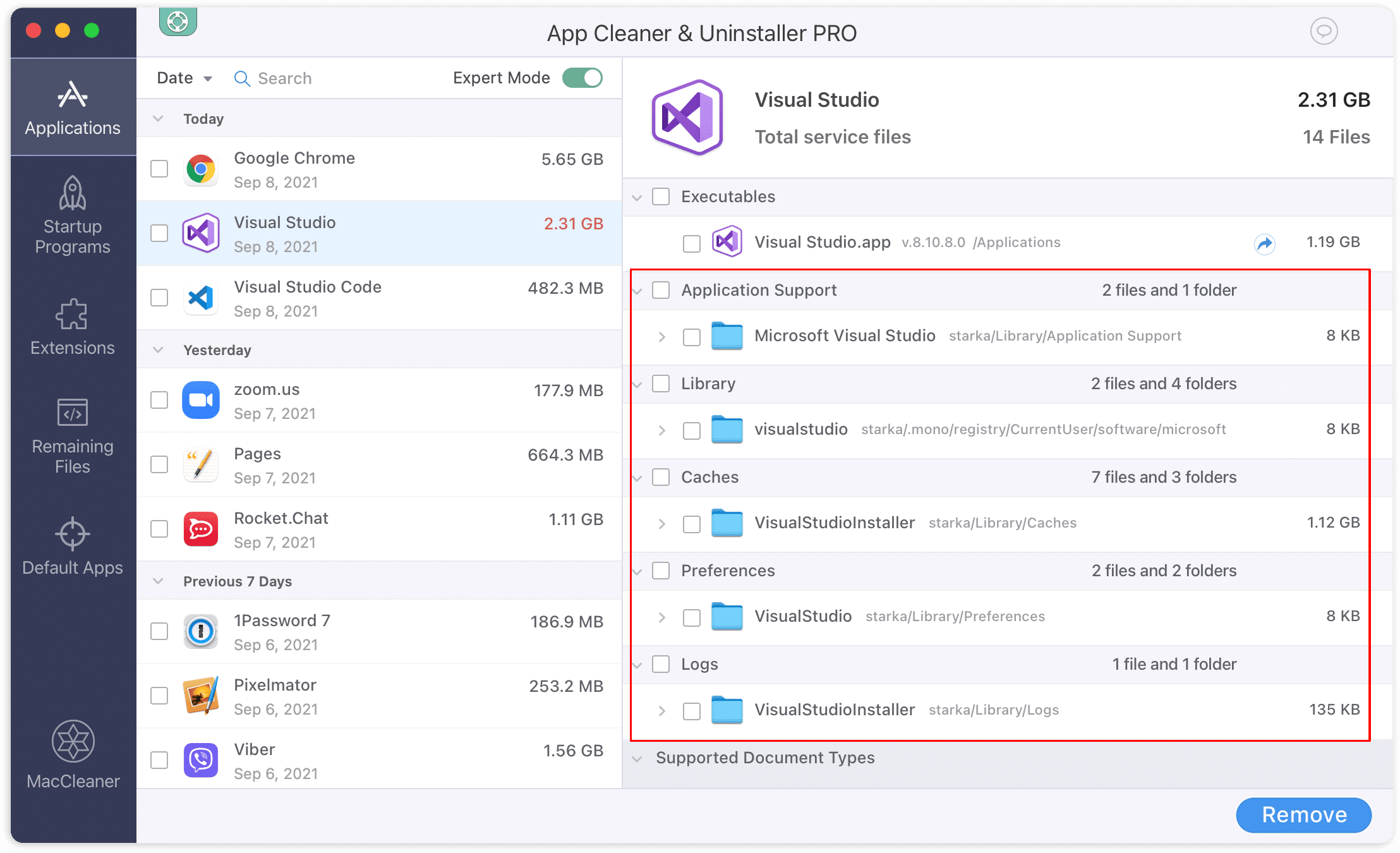 App Cleaner & Uninstaller showing Visual Studio service files