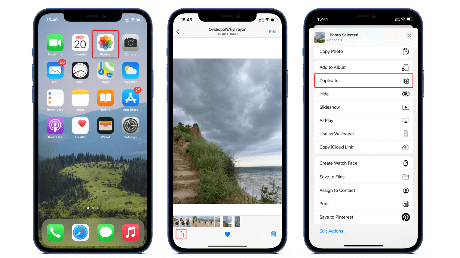 iPhone screens showing how to duplicate a photo