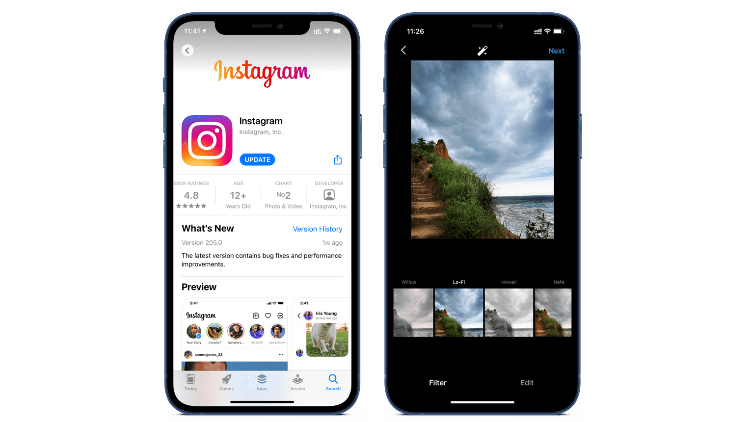 iPhone screens showing Instagram photo editor in App store