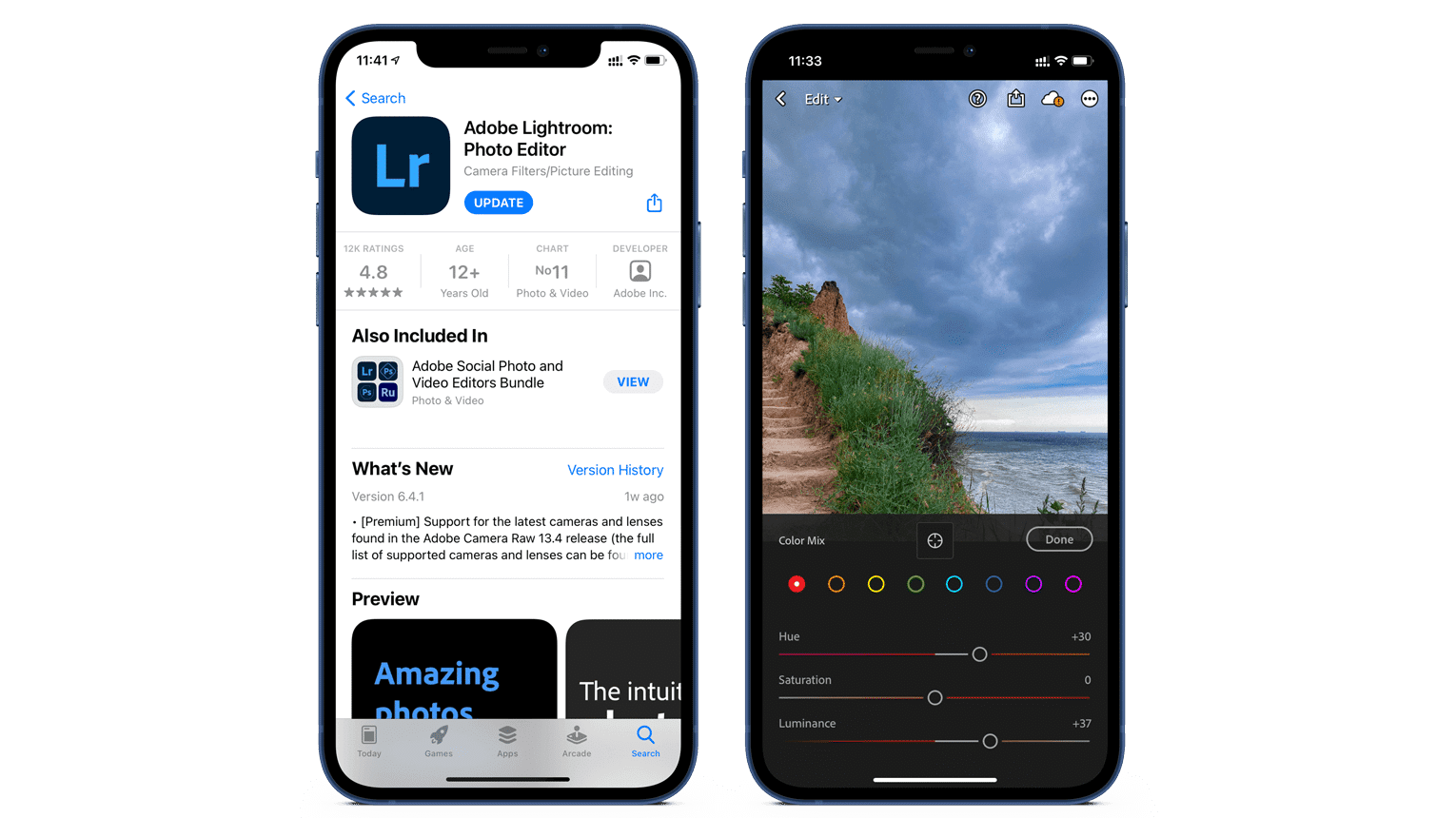 iPhone screens showing Adobe Lightroom Photo Editor in App store