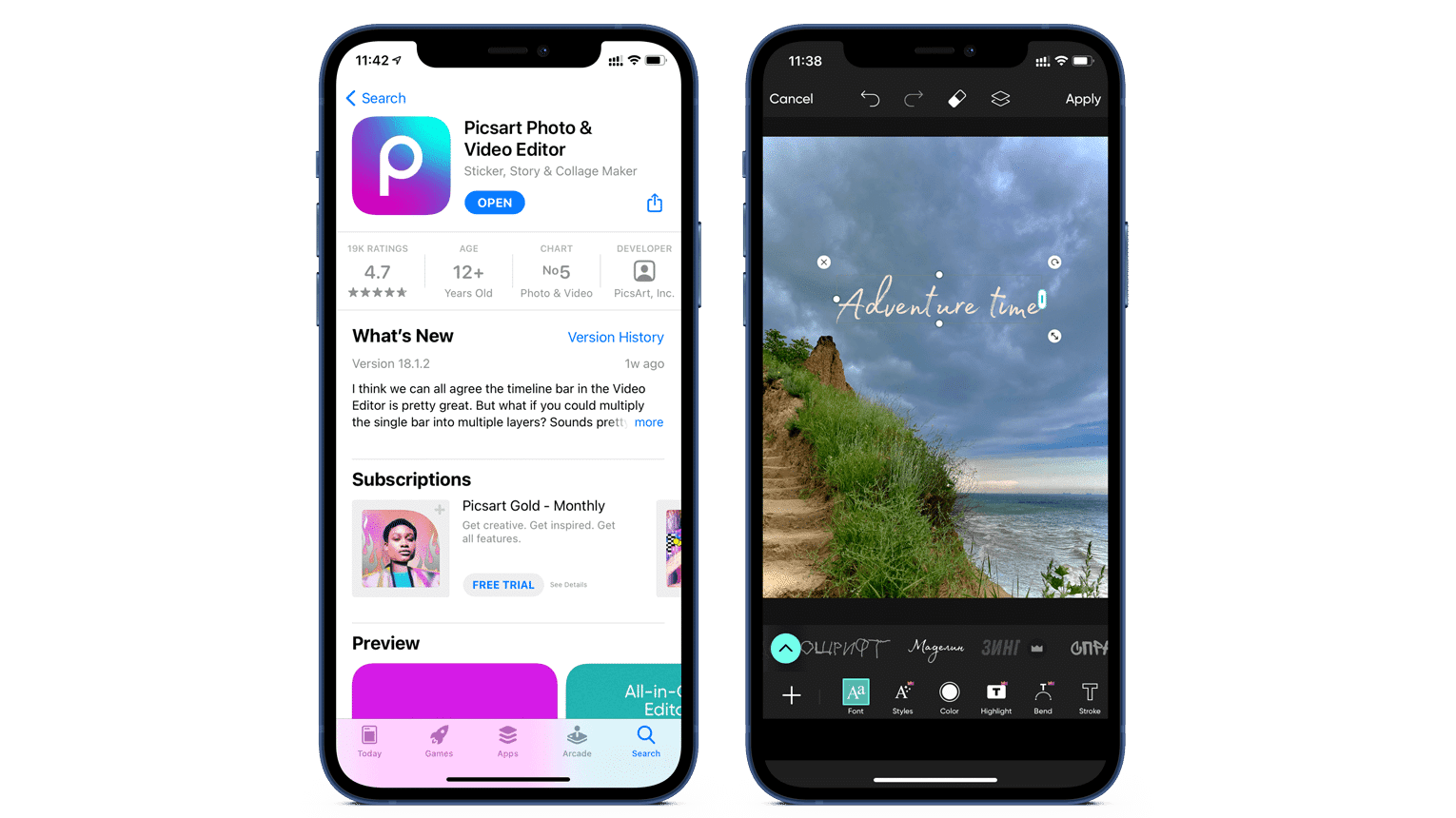 iPhone screens showing PicsArt photo editor in App store