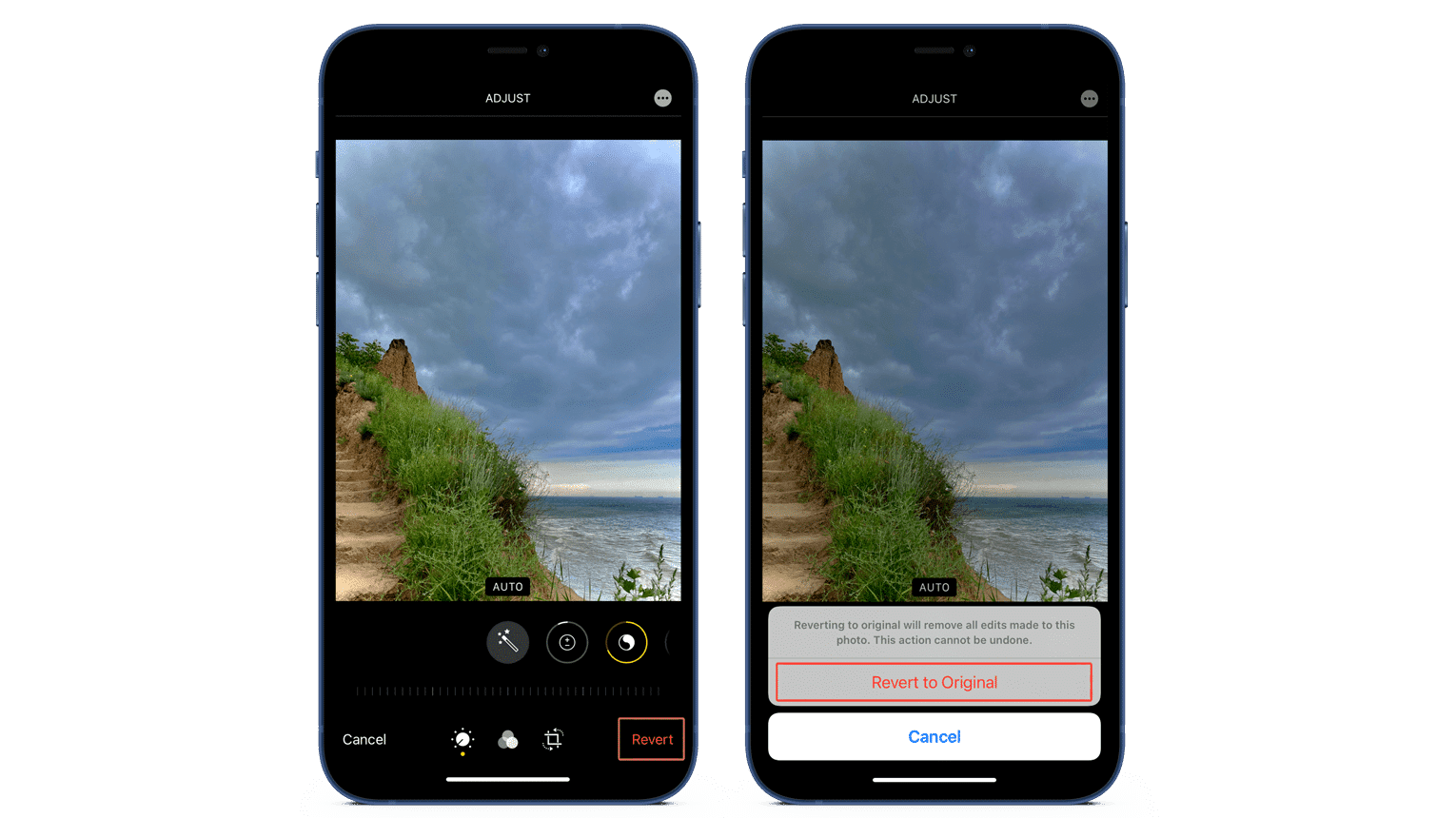 iPhone screens showing how to revert changes in a  photo