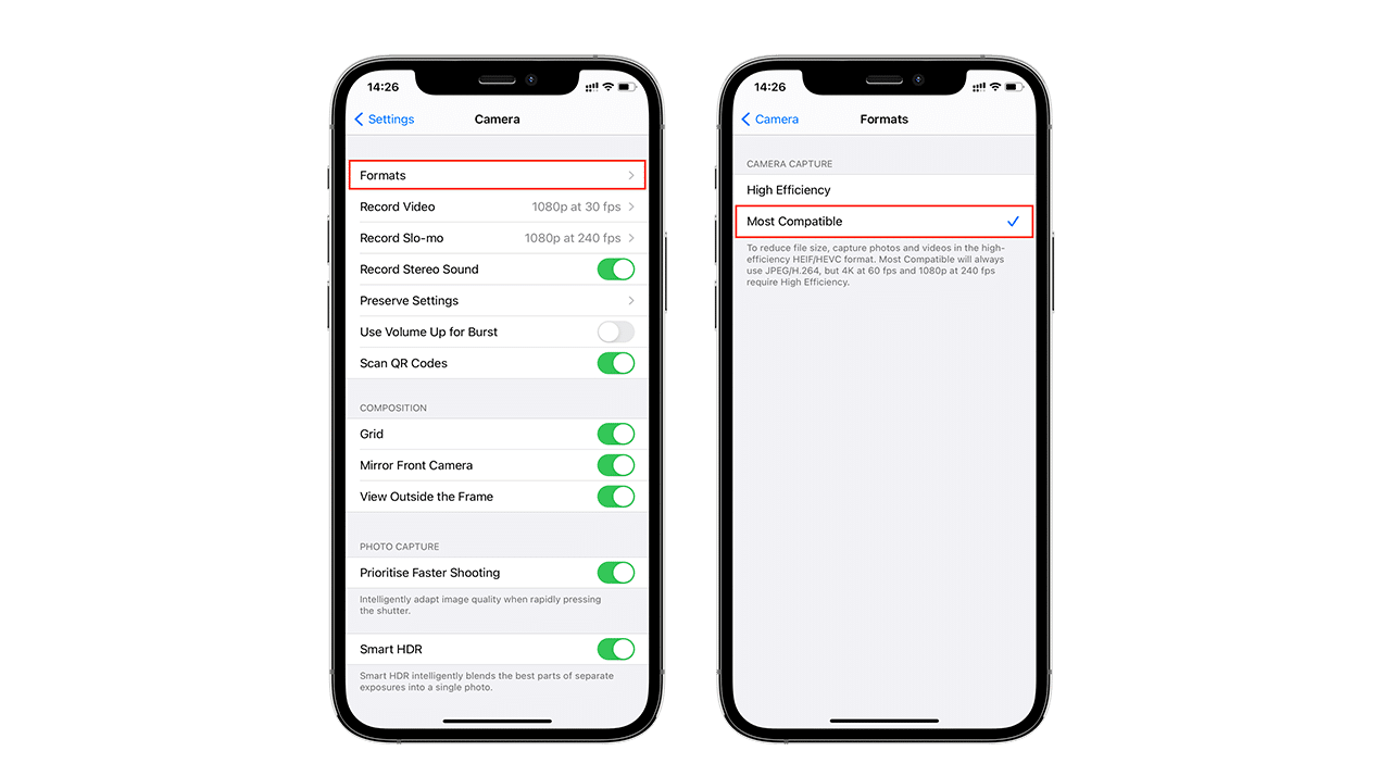 iPhone camera settings showing formats