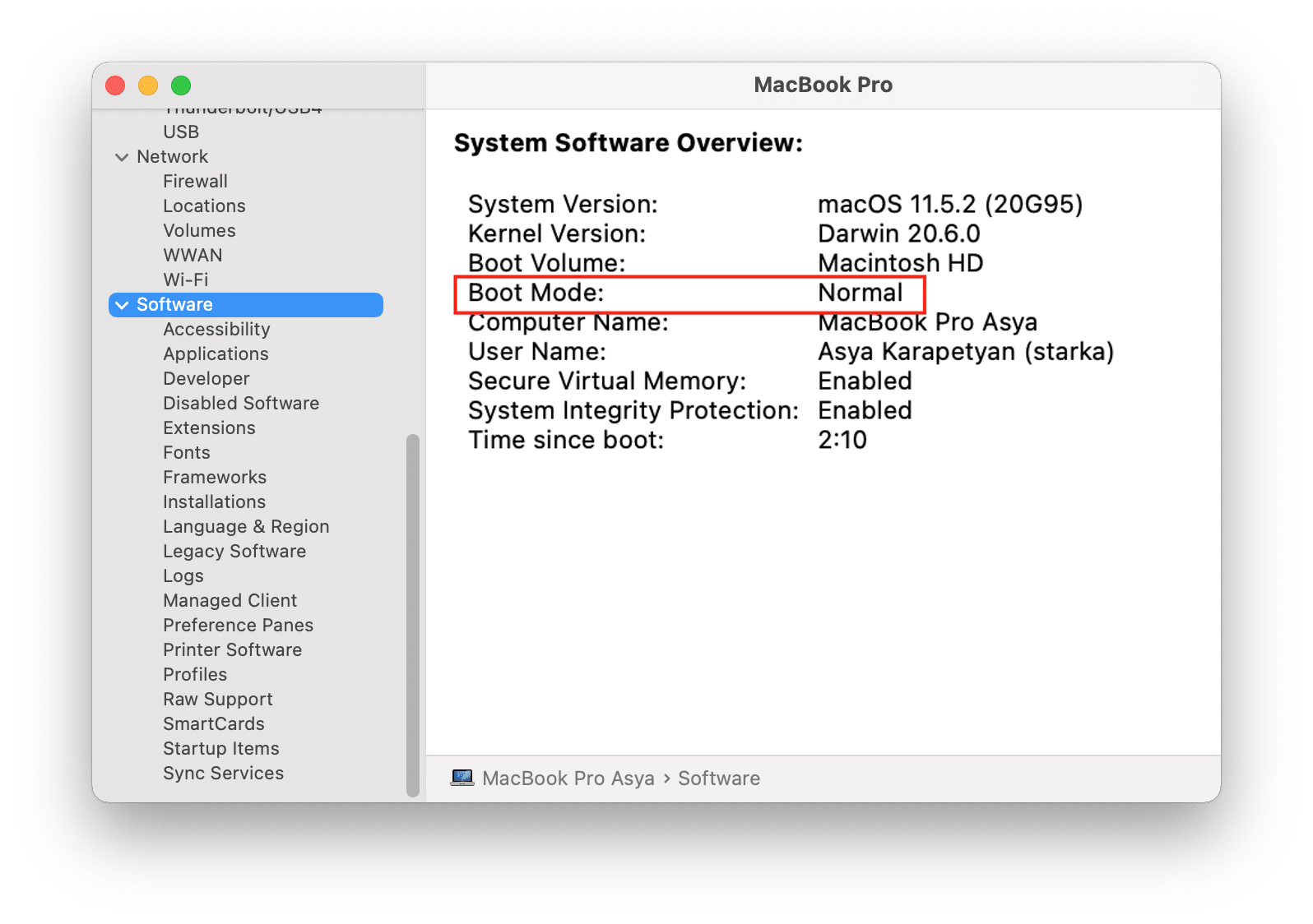 Mac software information window showing Boot mode