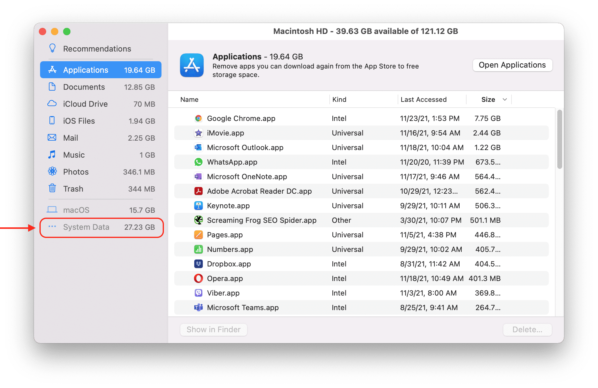 Managing Mac disk usage window with system data highlighted