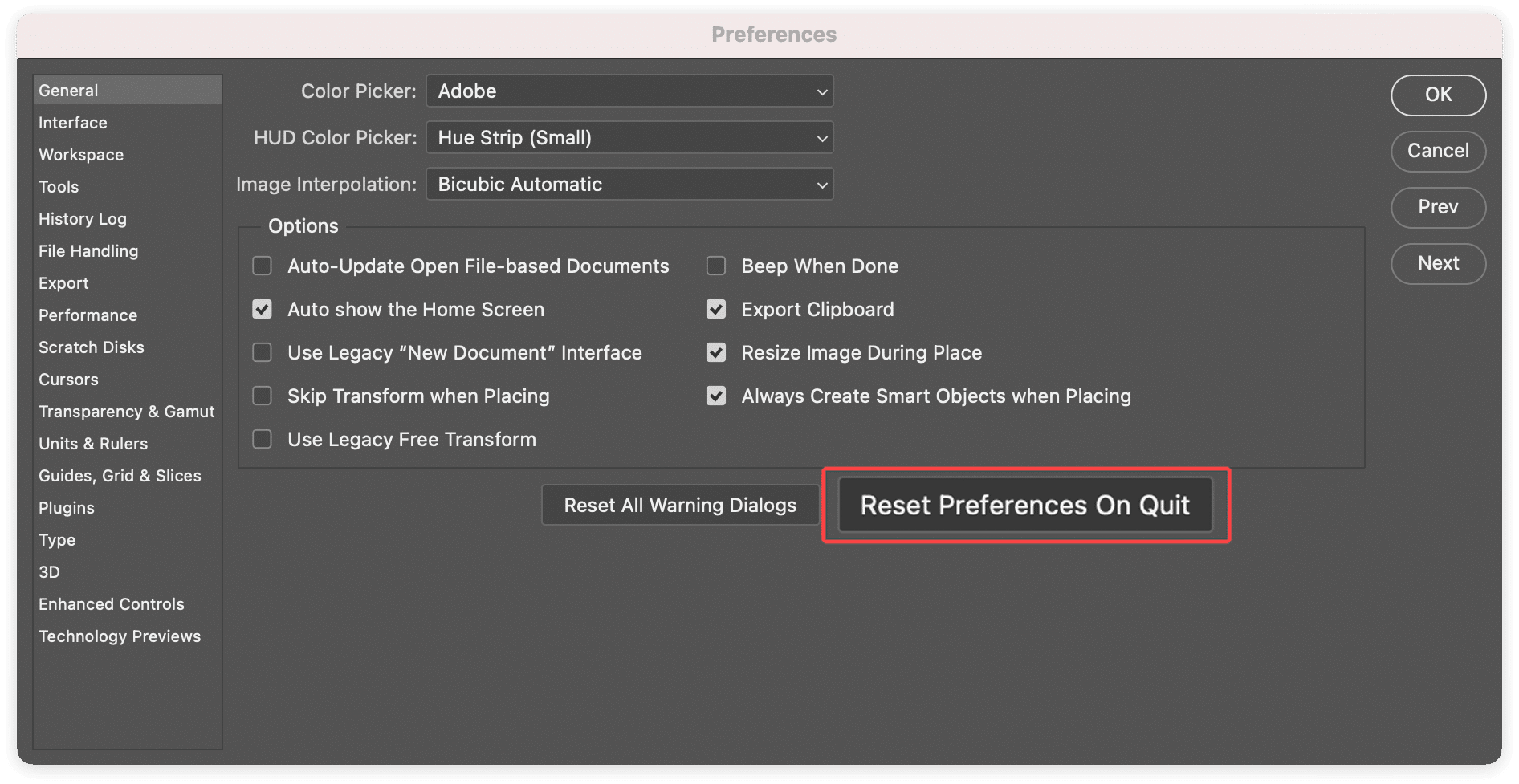 Photoshop Preferences window showing how to reset it