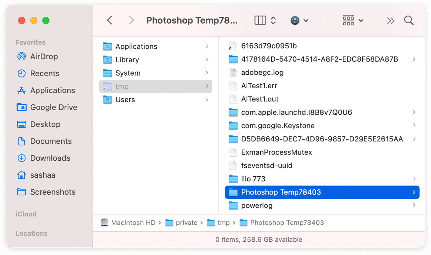 Finder window showing Photoshop temporary files