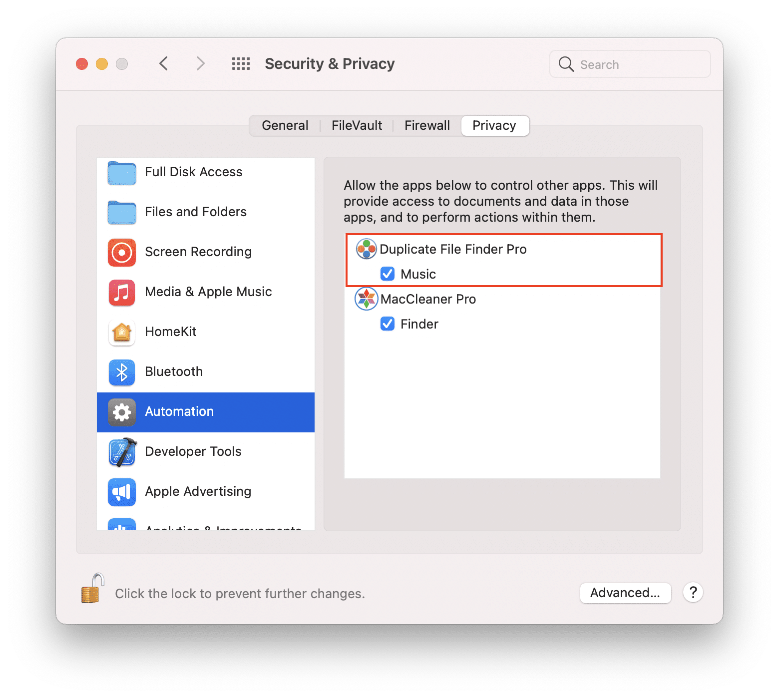 Mac Security & Privacy panel showing access to Music for Duplicate File Finder