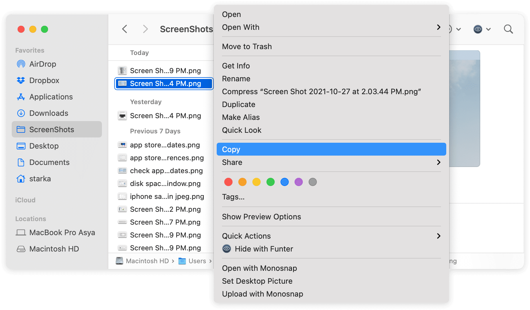 context menu in Mac Finder showing the Copy command