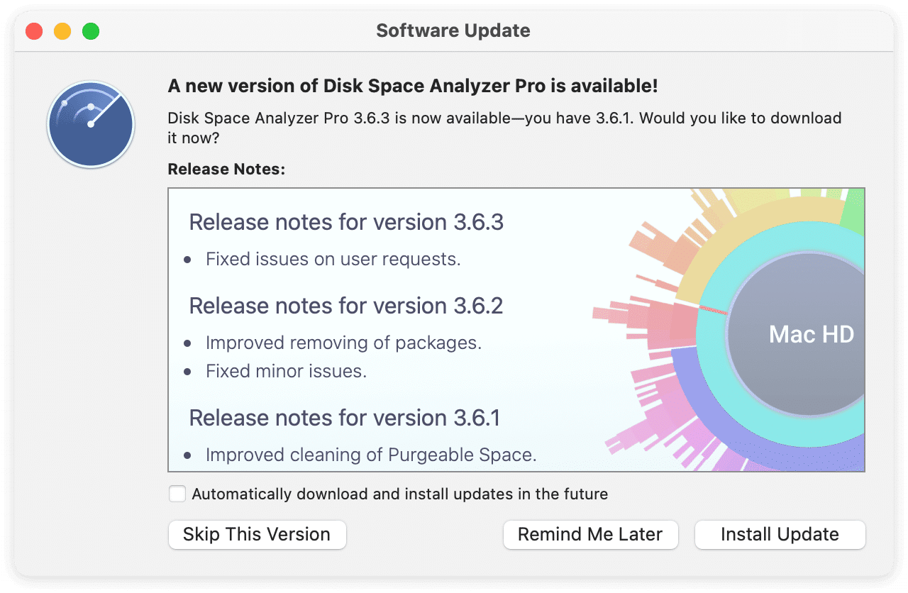 Software update window for an application downloaded from the internet
