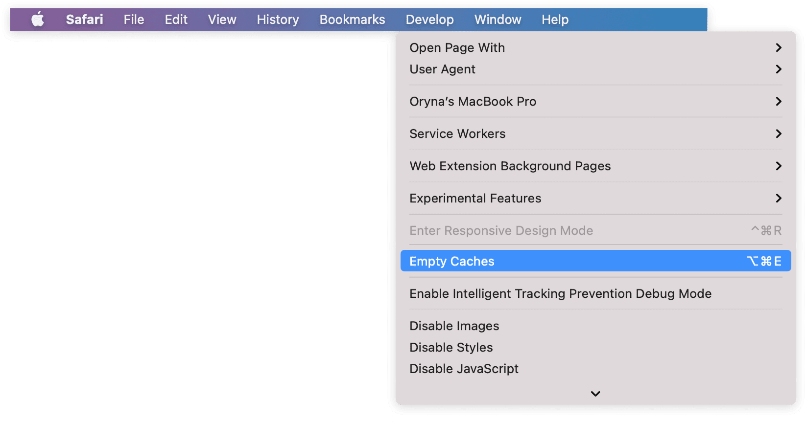 Empty caches option selected in Safari Develop drop-down menu