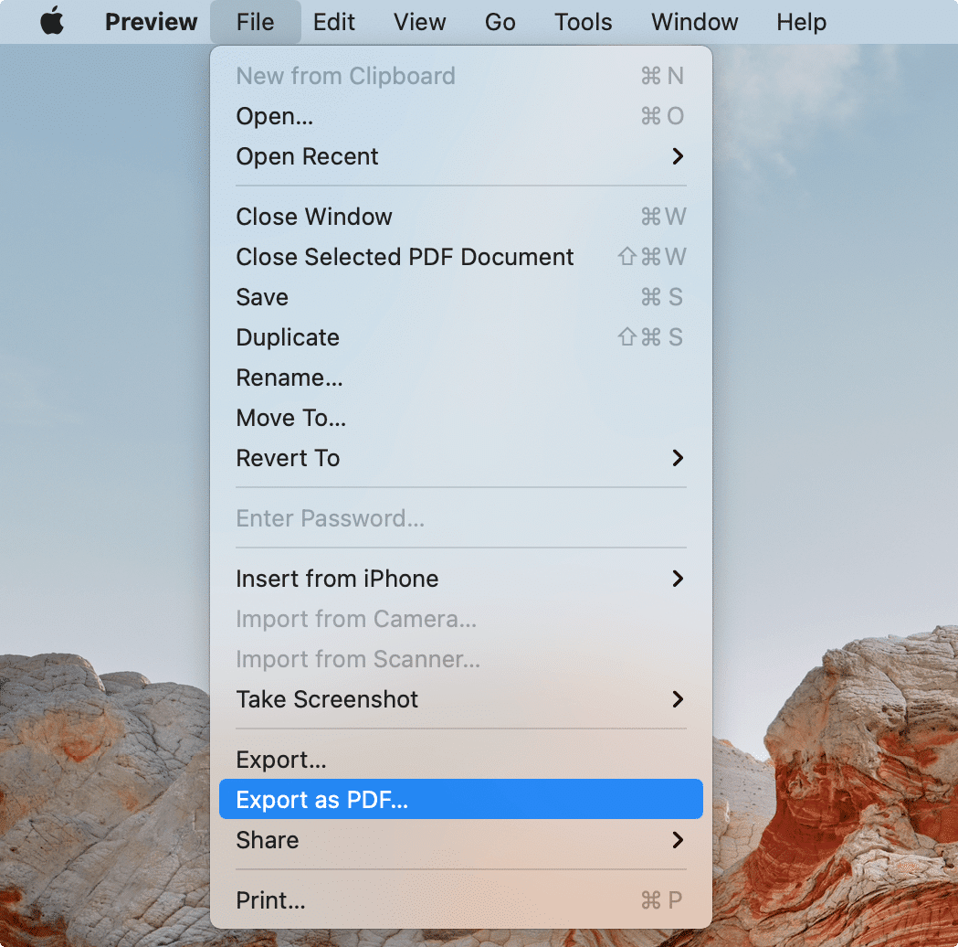 Preview menu with the Export as PDF option highlighted