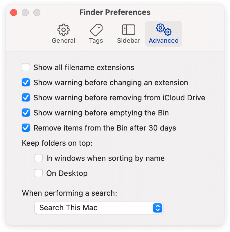 Finder window displays settings