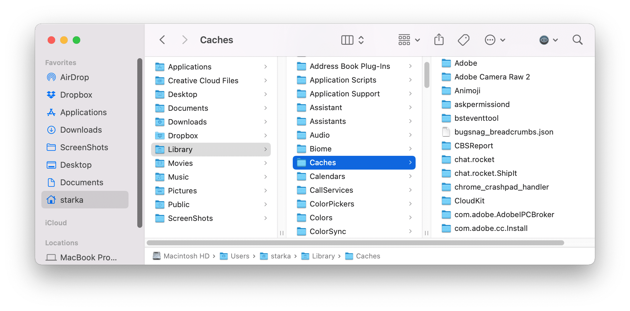 Finder window showing caches