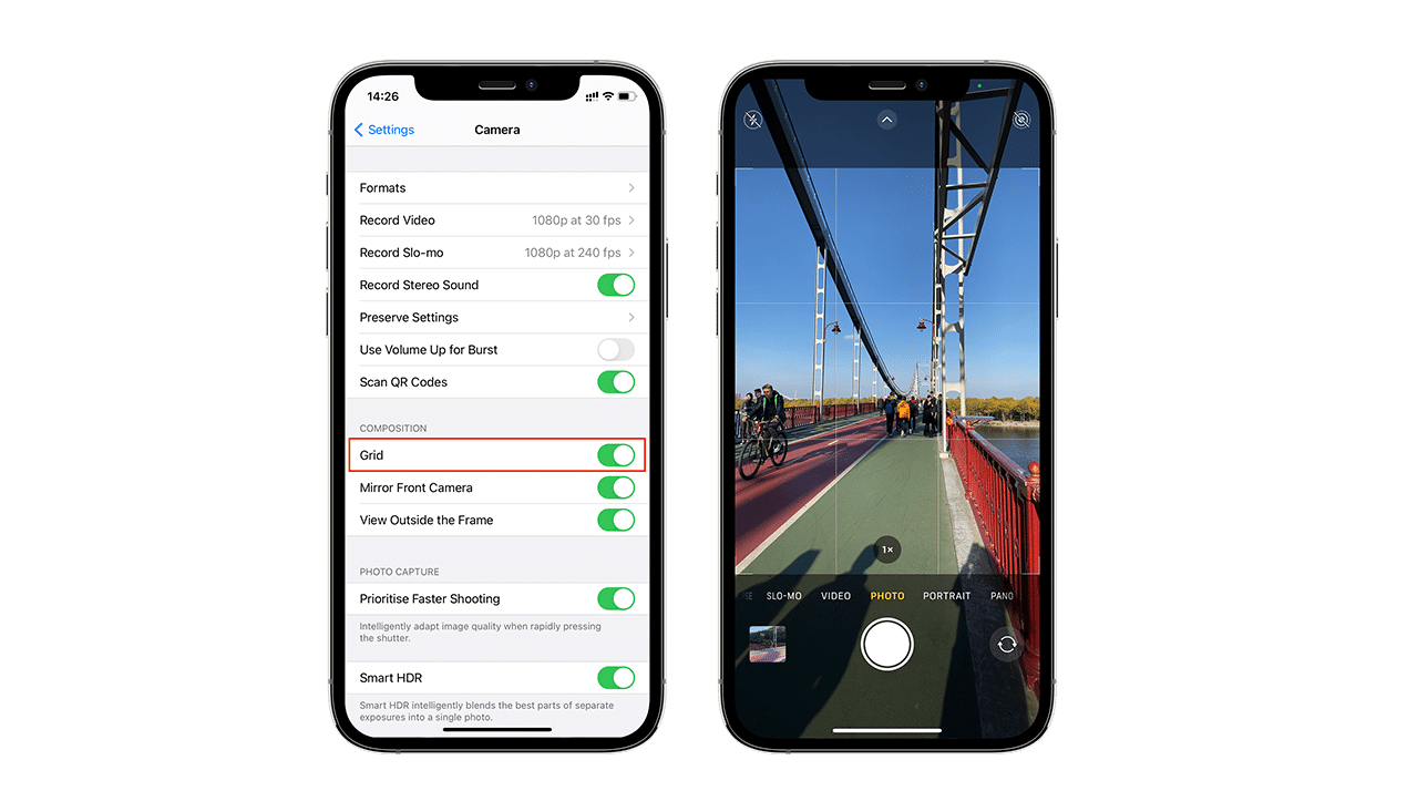 iPhone camera settings showing how to turn on the grid