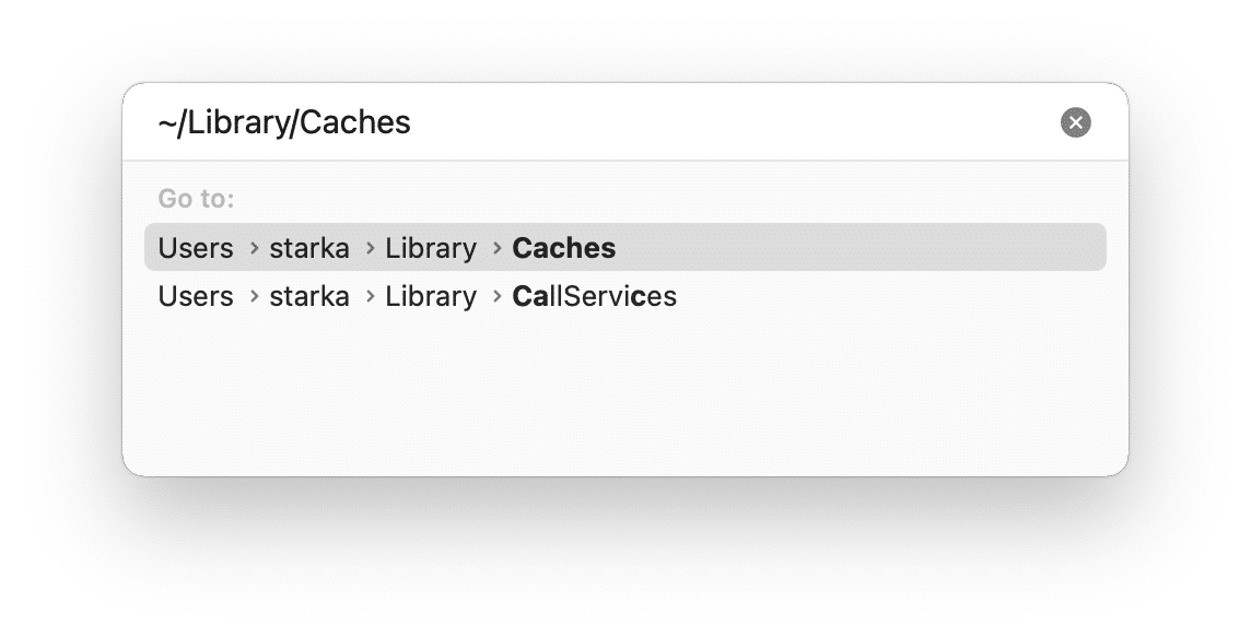 Go to Folder search panel showing the Caches folder location