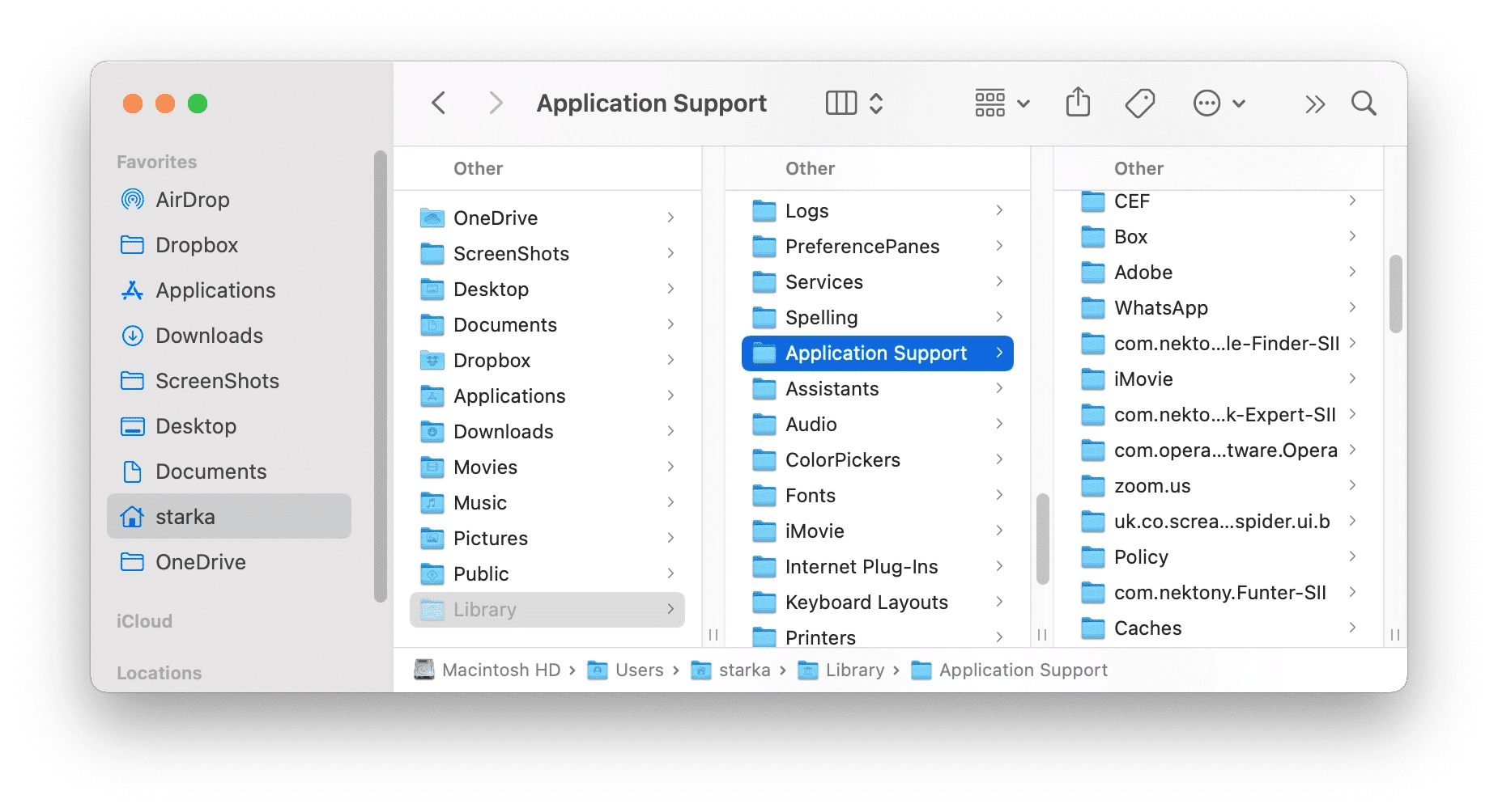 Library folder showing App Support folder