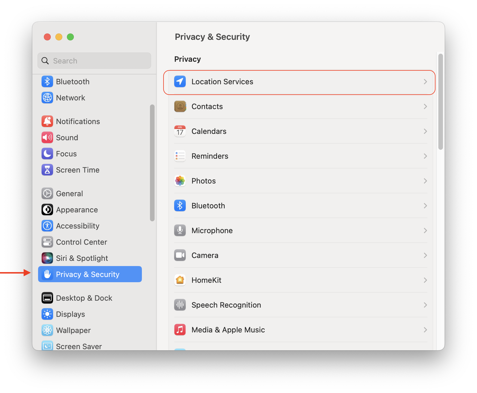 System Settings app in macOS showing location services